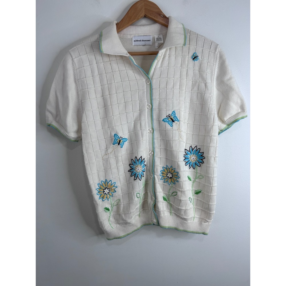 Womens Short Sleeve Cardigan Small Embriodered Floral Butterfly Cottage‎ Granny